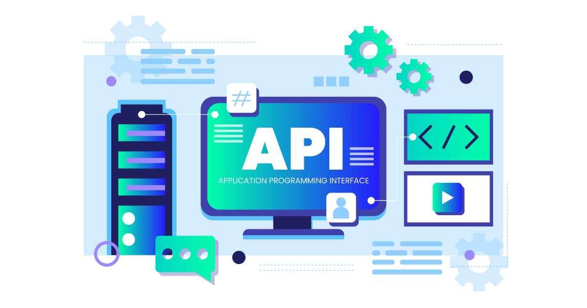 ภาพอินโฟกราฟิกแสดงแนวคิด API Integration ที่เชื่อมต่อระบบต่าง ๆ เช่น เซิร์ฟเวอร์, โค้ด, และผู้ใช้งาน ผ่านหน้าจอคอมพิวเตอร์